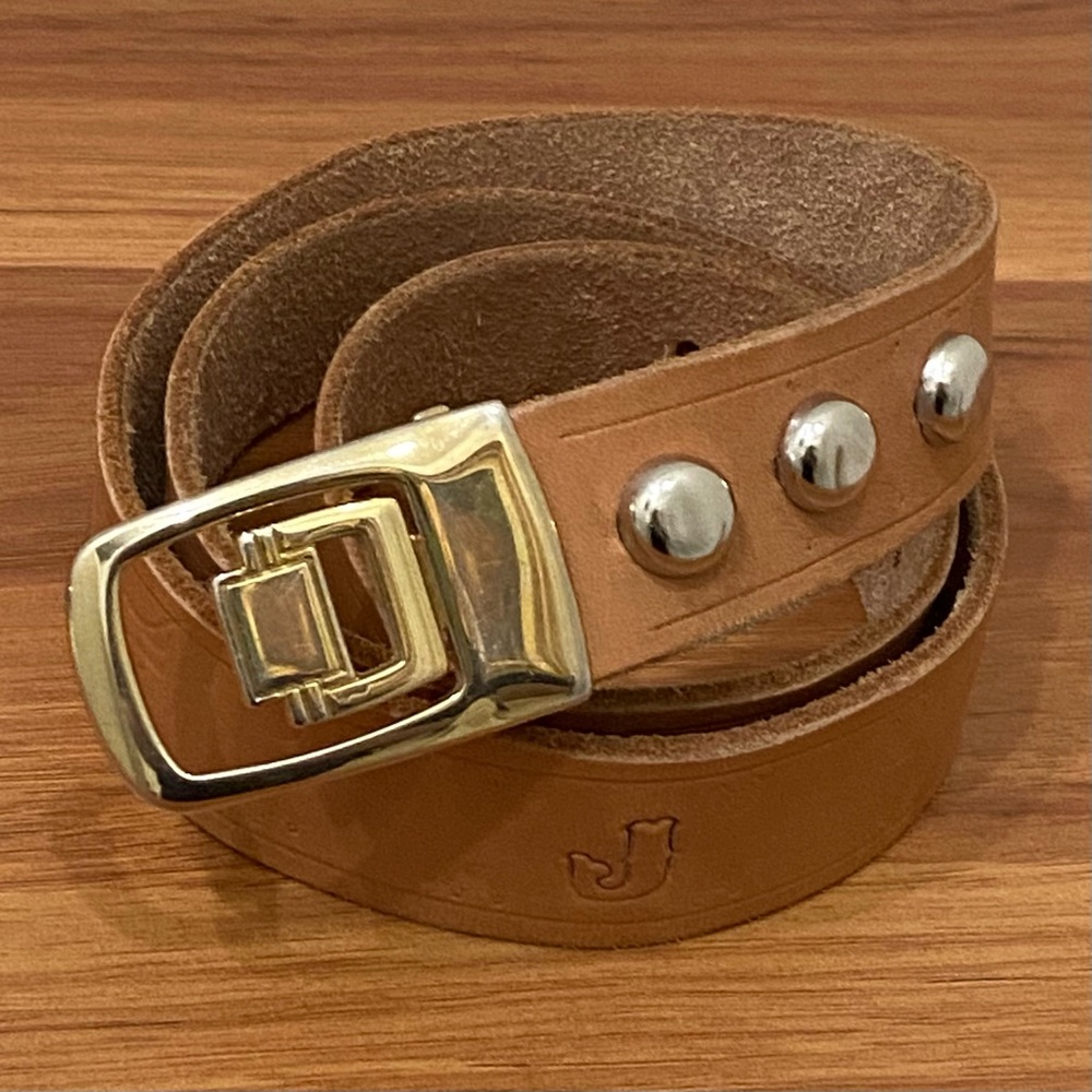 JP Long Horn Studded Brown Leather Gold Buckle Belt Waist 28”-30” Made in Italy